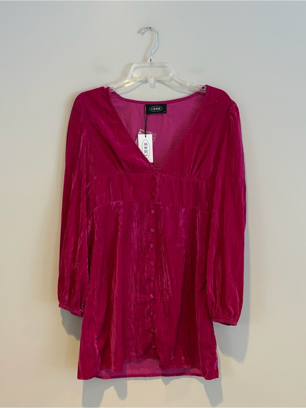 Cider Hot Pink Velvet V-Neck Button-Front Mini Dress Size L NWT